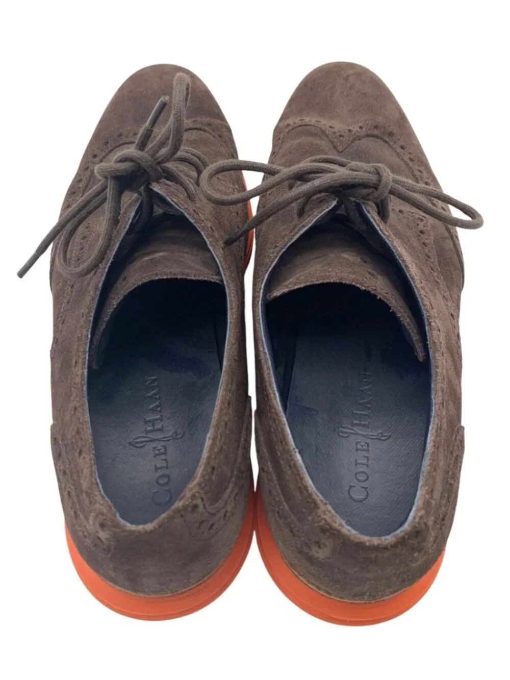 Cole Haan LunarGrand Brown Suede Wingtip Oxford Shoes Orange Soles Men 10.5